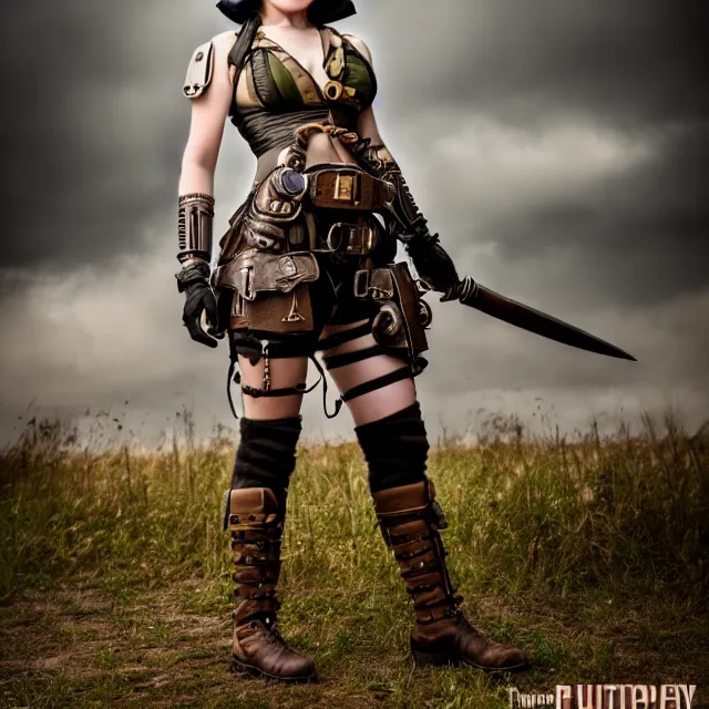 Image similar to full length photo of a very beautiful female dieselpunk warrior, 8 k, hdr, smooth, sharp focus, high resolution, award - winning photo