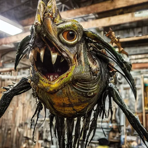 Image similar to photo taken of an epic intricate, ultra detailed, super realistic gritty, hero prop, exquisitely painted animatronic movie prop of a wet slimy grotesque nightmarish hellish winged avian creature displayed in the workshop, created by weta workshop, full body shot, photorealistic, sharp focus