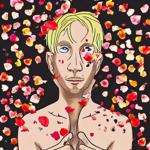 Image similar to a blonde man with freckles vomiting rose petals, lungs, varying art styles, clarity, detoxification, varying angles, colorful