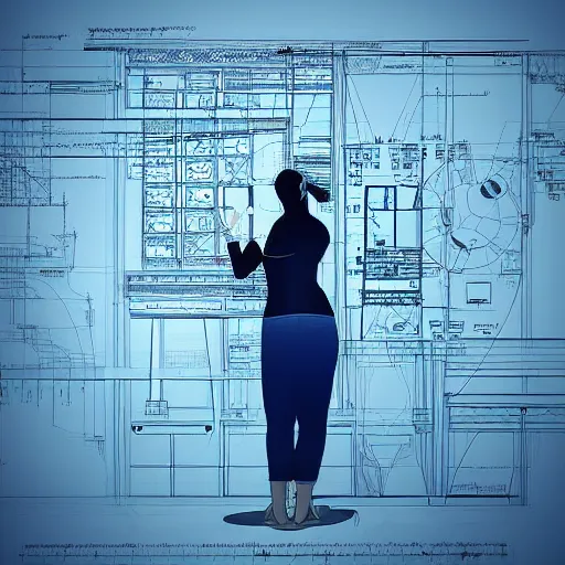 Prompt: Thinking engineer holds her head in her hands, blueprints for various technical machines are on the desk, digital art, DeviantArt, illustration