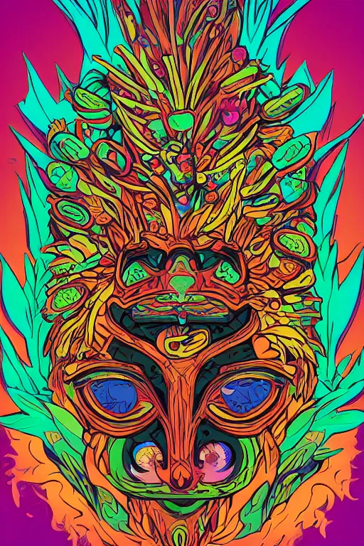 Image similar to animal mask totem roots flower tribal feather gemstone plant wood rock shaman vodoo video game vector cutout illustration vivid multicolor borderlands comics by josan gonzales and dan mumford radiating a glowing aura