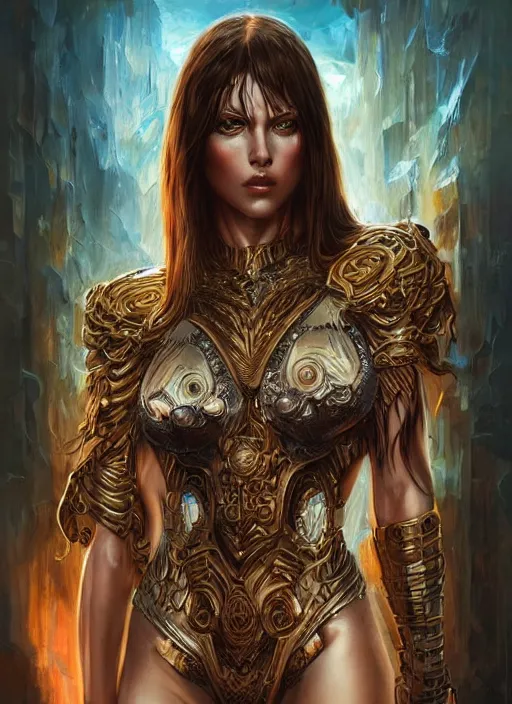 Prompt: a highly detailed symmetrical painting of a furious female amazon with piercing beautiful eyes, trending on artstation, deviantart, art by artgerm and karol bak and mark brooks