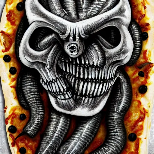 Image similar to pizza in the style of hr giger,