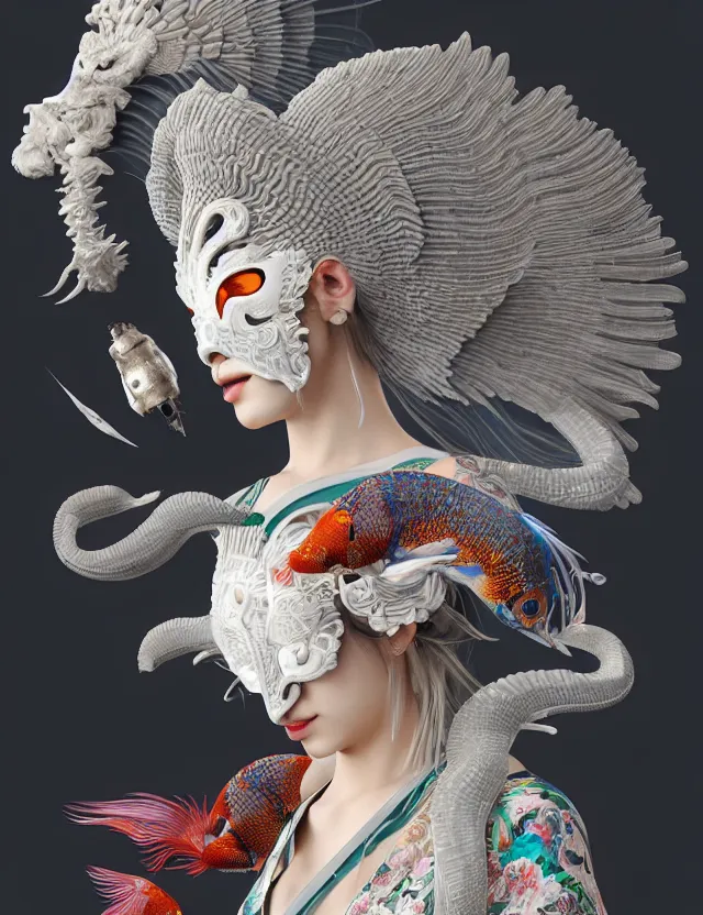 Image similar to 3 d goddess bottom - up with ram skull. beautiful intricately detailed japanese crow kitsune mask and clasical japanese kimono. betta fish, jellyfish phoenix, bio luminescent, plasma, ice, water, wind, creature, artwork by tooth wu and wlop and beeple and greg rutkowski