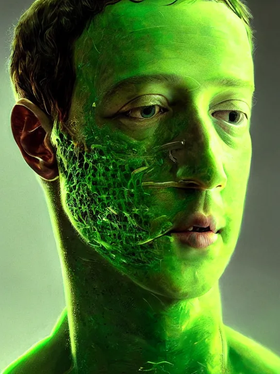 Prompt: portrait of a mark zuckerberg, skin peeling away to reveal bright green reptile!!! skin, art by ryo shiotani and greg rutkowski, intricate, beautiful, cinematic lighting, vintage art by serge ivanoff, high resolution, very detailed