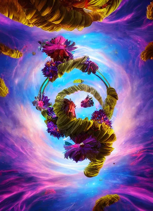 Prompt: An epic fantastic realism comic book style painting of the most beautiful spiraling entwined flowers launched exquisitely across the dark spinning universe, floating bouquets, fisheye, suns crashing into each other, unreal 5, DAZ, hyperrealistic, octane render, dynamic lighting