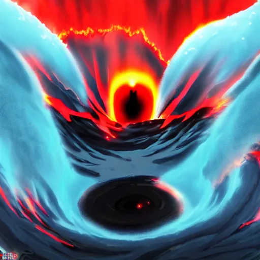 Image similar to key anime visual of a devil with glowing black eyes; lava flowing; close up shot; trending on Pixiv