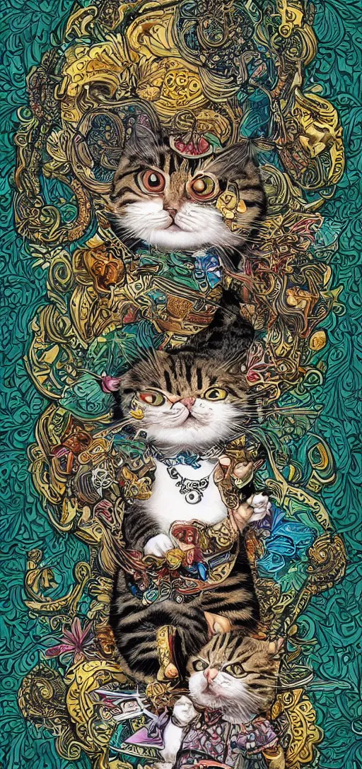 Image similar to ”happy smiling cat holding a marifuana joint while sitting high on a sofa, marijuana leaves swirling in the background, [ultra detailed, contrast, ornate and intricate, art by joe fenton]”