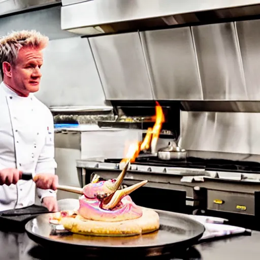 Image similar to hyper real Gordon Ramsey cooking a unicorn in kitchen 4k