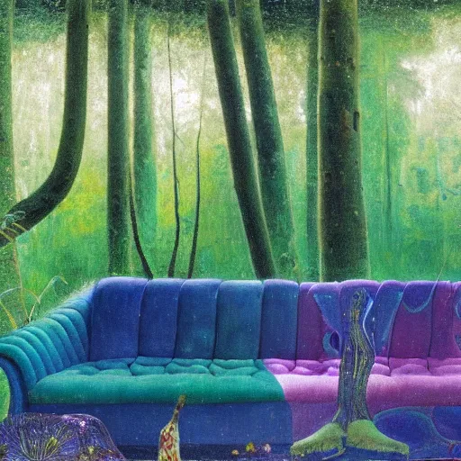 Image similar to psychedelic couch sofa in the lush pine forest, milky way, designed by arnold bocklin, jules bastien - lepage, tarsila do amaral, wayne barlowe and gustave baumann, cheval michael, trending on artstation, star, sharp focus, colorful refracted sparkles and lines, soft light, 8 k 4 k