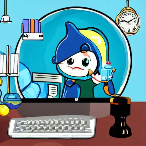 Image similar to A dolphin wearing a chemist outfit playing games on a computer, digital art