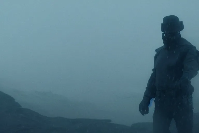 Prompt: still from bladerunner 2049 (2017) man wearing black tactical gear armor. mountain in foreground ((obscured by fog)) volumetric lighting raining. green hill. Cyberpunk soldier Kevlar armor (blue emissive) holding rifle intimidating, reflective visor, emissive details. dark low exposure overcast skies. Cybernetic arm, robotic arm, metal reflective. (chromatic abrasion)