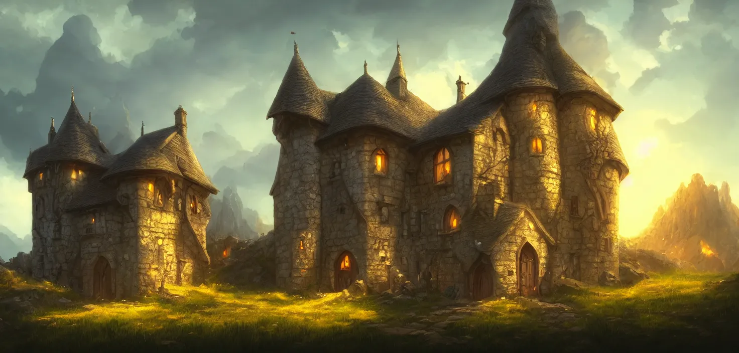 Prompt: an illustration of the small medieval fantasy house in a castle and beautiful blue sky scenery, cinematic view, epic sky, detailed, concept art, low angle, high detail, warm lighting, volumetric, godrays, vivid, beautiful, trending on artstation, by jordan grimmer, huge scene, grass, art greg rutkowski