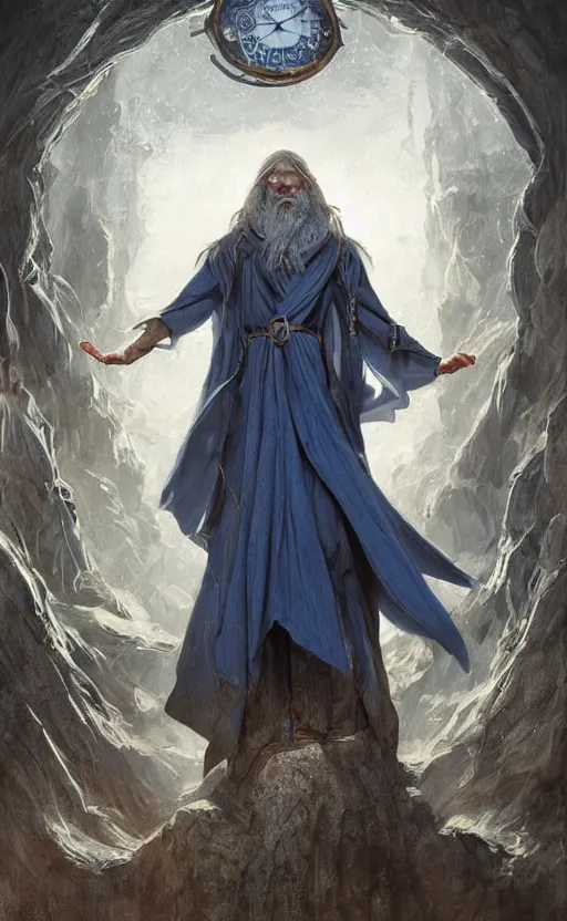 Prompt: portrait of a middle - aged elf, very long beard, dressed in a blue cloak, greyish brown hair, raised hand, clock iconography, detailed face, fantasy, highly detailed, cinematic lighting, digital art painting by greg rutkowski