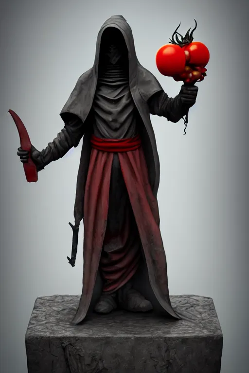Image similar to a statue of a hooded cultist is holding a bloody knife in one hand and a tomato on the other, by patrick mcenvoy and michael komarck and fantasy flight, incredible quality, trending on artstation