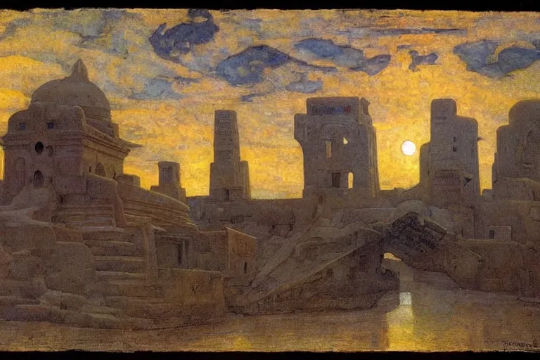 Image similar to ancient city by the sea by Annie Swynnerton and Nicholas Roerich and jean delville, strong dramatic cinematic lighting , ornate painted architecture, lost civilizations, smooth, sharp focus, extremely detailed