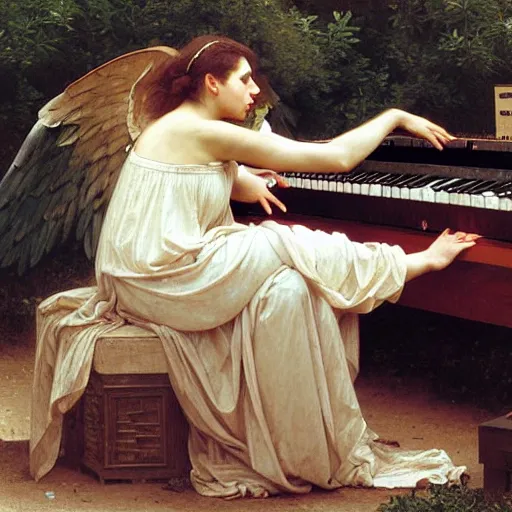 Image similar to an oil painting of an angel playing a synthesizer, by Bouguereau, highly detailed and intricate,