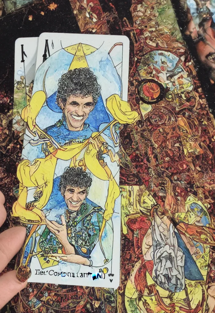 Image similar to Yoshua Bengio smiling on the Tarot card. Illustration.