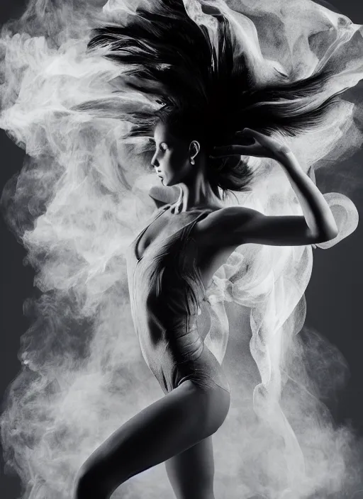 Image similar to a Photorealistic dramatic hyperrealistic render of a glamorous beautiful Female smoke dancer by Ken Brower and Deborah Ory of NYC Dance project,Lois Greenfield,Flowing cloth and smoke,Beautiful dynamic dramatic dark moody lighting,volumetric,shadows,cinematic atmosphere,Octane render,8K