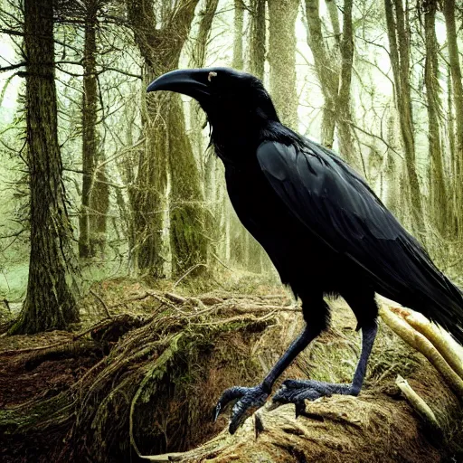 Prompt: anthropomorphic crow werecreature, photograph captured in a forest