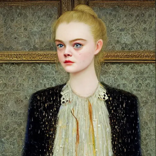 Image similar to professional painting of Elle Fanning in the style of John Atkinson Grimshaw, head and shoulders portrait, symmetrical facial features, smooth, sharp focus, illustration, intricate, stormy weather, extremely detailed masterpiece,