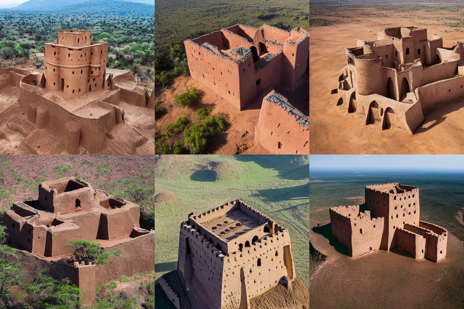 Prompt: High-quality aerial photography of an old West African castle made of mud bricks on top of a mountain, National Geographic