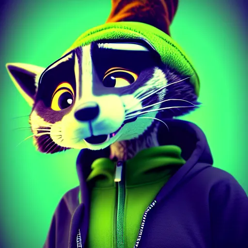 Prompt: a chill stoner with a black hoodie on with a marijuana themed dark green raccoon head from zootopia, wearing beanie, smoking, 3 d, blender 3 d, render, extremely detailed, 8 k, detailed fur