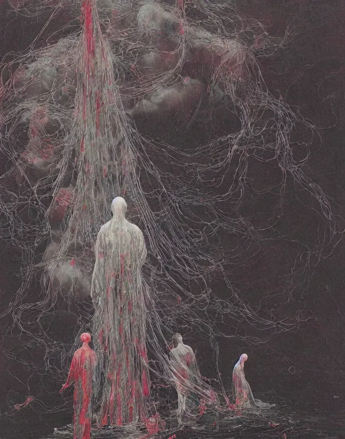 Image similar to worshippers in robes belonging to the cult of the lighthouse standing in waves, a lighthouse, high detailed beksinski painting, part by adrian ghenie and gerhard richter. art by takato yamamoto. masterpiece, dark and moody, deep colours