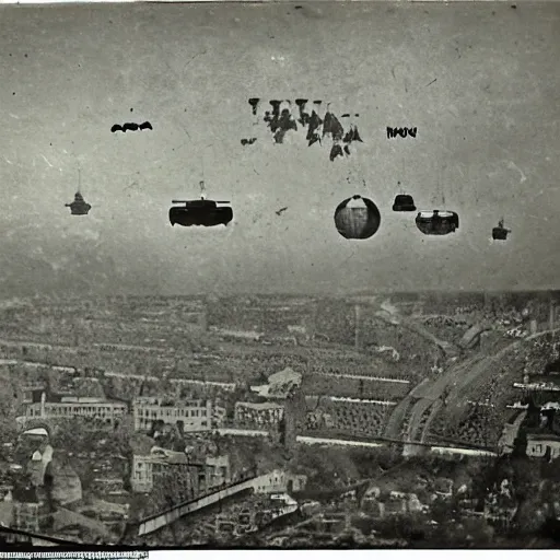 Image similar to grainy 1800s photo of a world\'s fair with flying machines above it