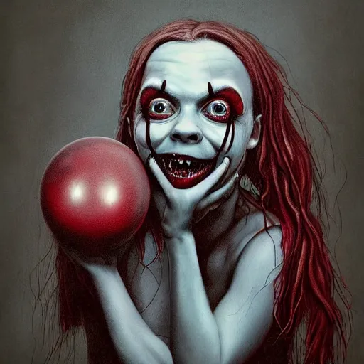 Image similar to grunge painting of Billie eilish with a wide smile and a red balloon by Zdzisław Beksiński, loony toons style, pennywise style, corpse bride style, creepy lighting, horror theme, detailed, elegant, intricate, conceptual, volumetric light