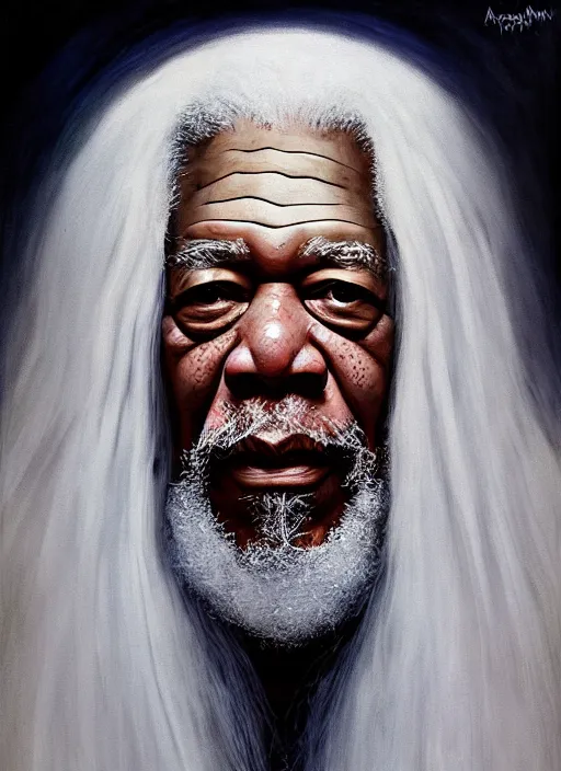 Image similar to portrait of morgan freeman as evil saurman the white, long white hair and white beard, long white flowing robes, long black wizard staff by alan lee, lord of the rings, smooth, oil painting, matte painting, concept art, trending on artstation, promotional artwork, film still, elegant, photorealistic facial features, intricate, detailed face, cinematic lighting