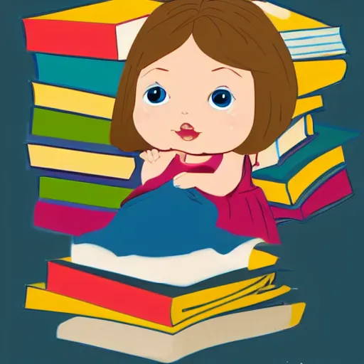 Prompt: the word fee is at the top of the image. a cute little girl with a round cherubic face, blue eyes, and short wavy light brown hair sitting on top of a stack of books. beautiful cartoon painting with flat colors and highly detailed face, outlining, children's storybook