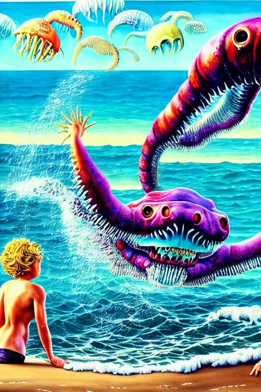 Image similar to a hyperrealistic painting of a sea creature monster washing up on the beach while people are laying on towels with umbrellas, cinematic horror by chris cunningham, lisa frank, richard corben, highly detailed, vivid color,