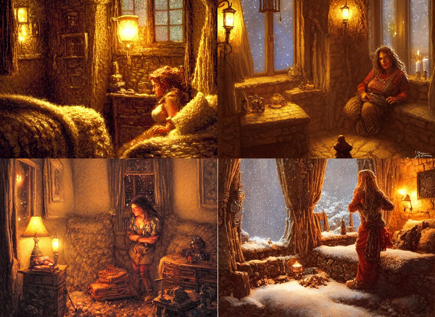 Prompt: beautiful dwarf woman on her cozy lamp lit bedroom at night, snowstorm outside through windows, stone dwarven house, beautiful scene, intricate, detailed, warm light, confortable atmosphere, high quality, by donato giancola and ralph horsley, cute, chubby