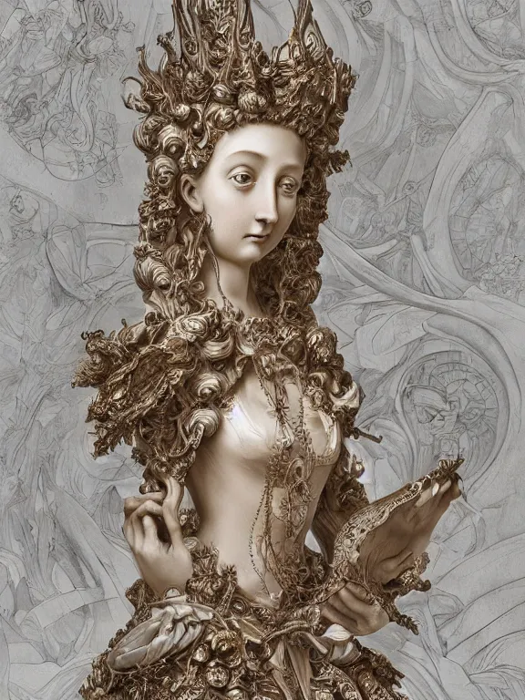 Image similar to a beautiful render of rococo catholic princess sculpture with symmetry intricate detailed,by Nekro and aaron horkey and peter gric and Cedric Peyravernay and Billelis,Trending on artstation,ZBrush,masterpiece,maximalist,glittering,gold,silver，ivory,hyperreal