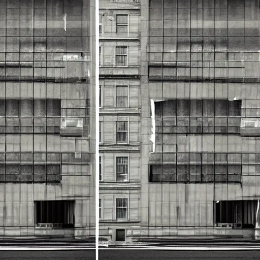 Image similar to flash photograph of a building glitching through reality