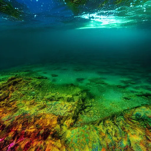 Prompt: underwater river teeming with rainbow life, 8 k hd photo