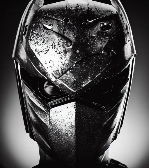 Image similar to showa kamenrider wearing partial broken mask only in pain and anger deep dark backlit night technoir cinematic monochromatic portrait photo by Leica Zeiss in detailed depth of field lens flare trending on Flickr realistic hd by frank Miller