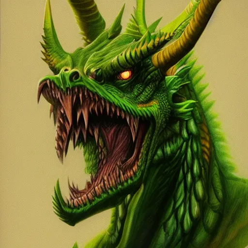 Image similar to a green and yellow dragon with large horns, a character portrait by Alex Horley-Orlandelli, deviantart, antipodeans, lovecraftian, concept art, grotesque
