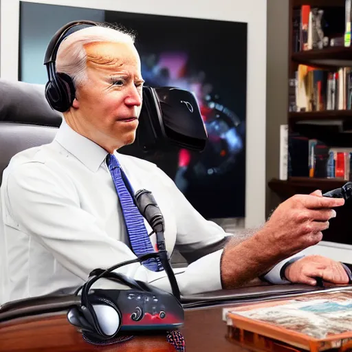 Prompt: Joe Biden Twitch gamer, gaming headset, sitting on gamer chair, pc gamer