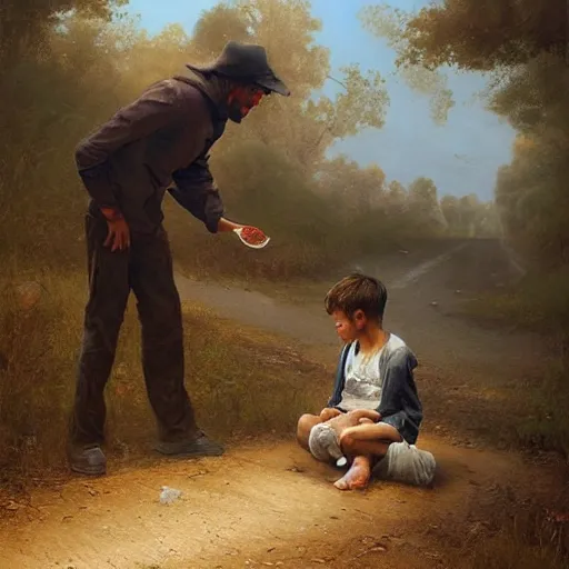 Image similar to painting of a man feeding a poor boy on a country road, surreal highly detailed, artstion greg rutkowski