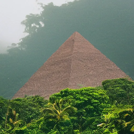 Image similar to a giant pyramid in a tropical jungle. overcast sky, grainy.