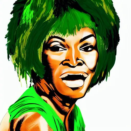 Image similar to tina turner portrait, green turnip hair as leaves, vegetable