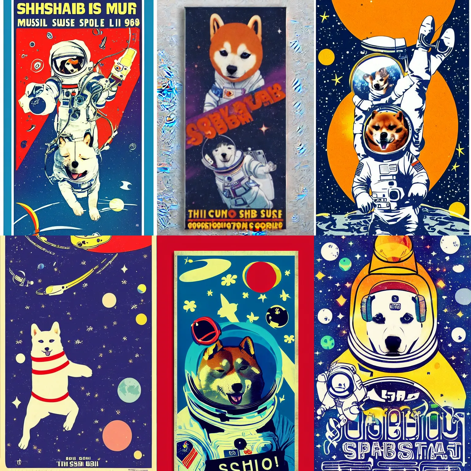 Prompt: cosmonaut Shiba Inu dog in space , 60s poster, in the style of a music poster 1969