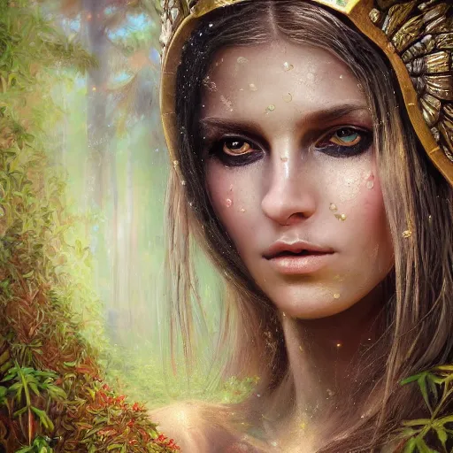 Prompt: oil painting portrait of fantasy female warrior, symmetrical face, beautiful face, shining eyes, crystals, covered in plants, standing in the mystical forest, realistic oil painting, baroque, renaissance painting, dramatic, cinematic light, trending on artstation, rule of thirds, highly detailed