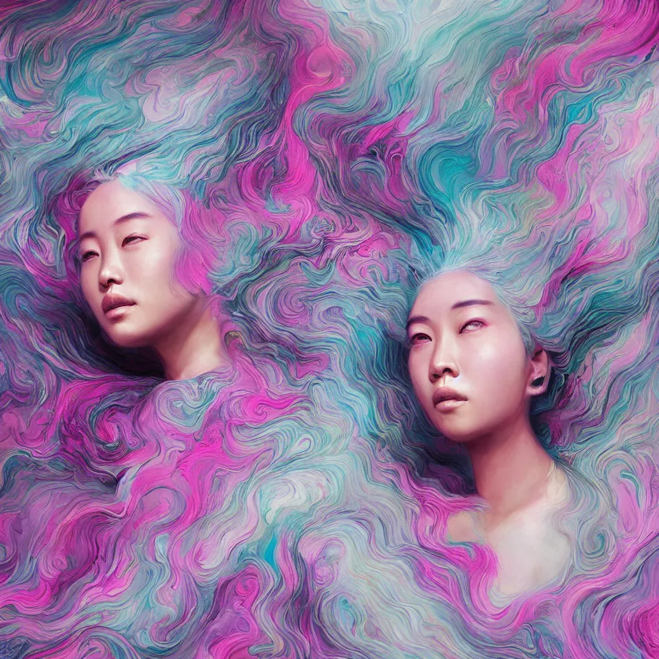 Image similar to a portrait of a very beautiful young asian goddess with pink and grey hair radiating an artwork made of swirling paint and impasto by james jean and wlop, background is multicoloured volumetric displacement, hyperrealism, subsurface scattering, arnold render, noise to volume, 8 k, houdini, xparticles