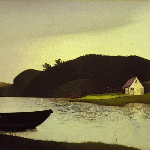 Image similar to A cottage near lake by Harald Sohlberg. A fisherman fishing in the lake beautiful trending on Artstation oil on canvas