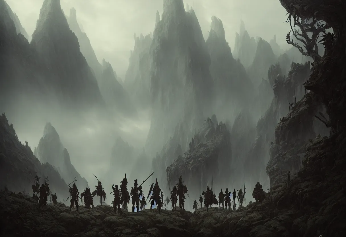 Prompt: beautiful render of a fairytale, small group of mercenaries, ultra high definition, ultra detailed, symmetry, fog, matte painting, by greg rutkowski and ross tran and wlop