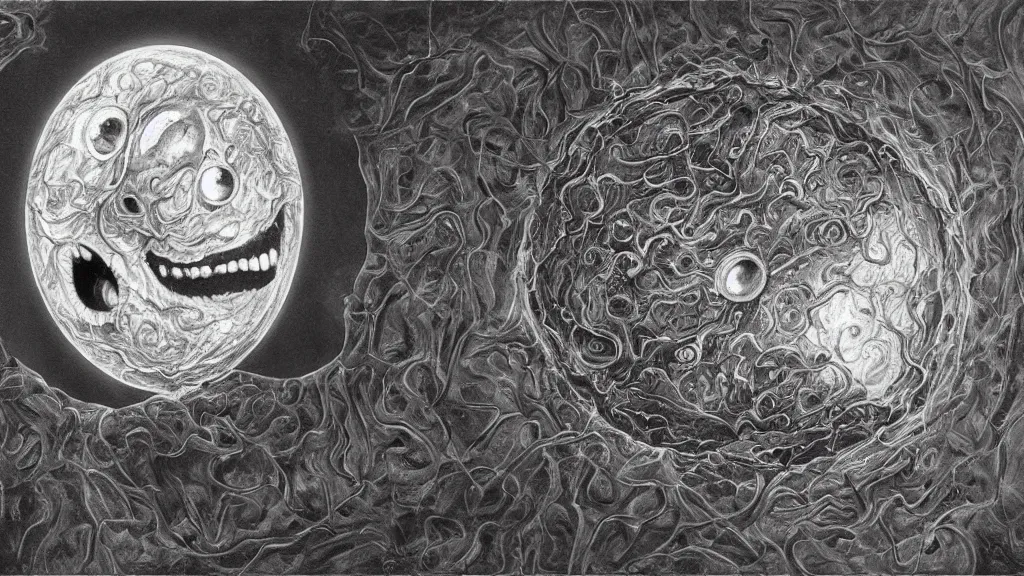 Prompt: a beautiful dreamy painting of a coronavirus inside a high-resolution television screen, laughing alien face, dark, sinister, detailed, art by M.C. Escher