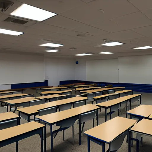 Prompt: photo of an empty classroom